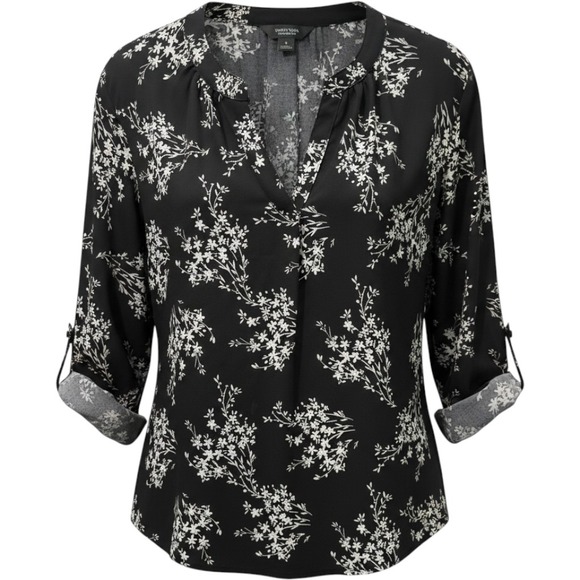 Simply Vera Vera Wang Tops - Simply Vera Vera Wang Black White Floral Roll Tab Sleeve Blouse Small